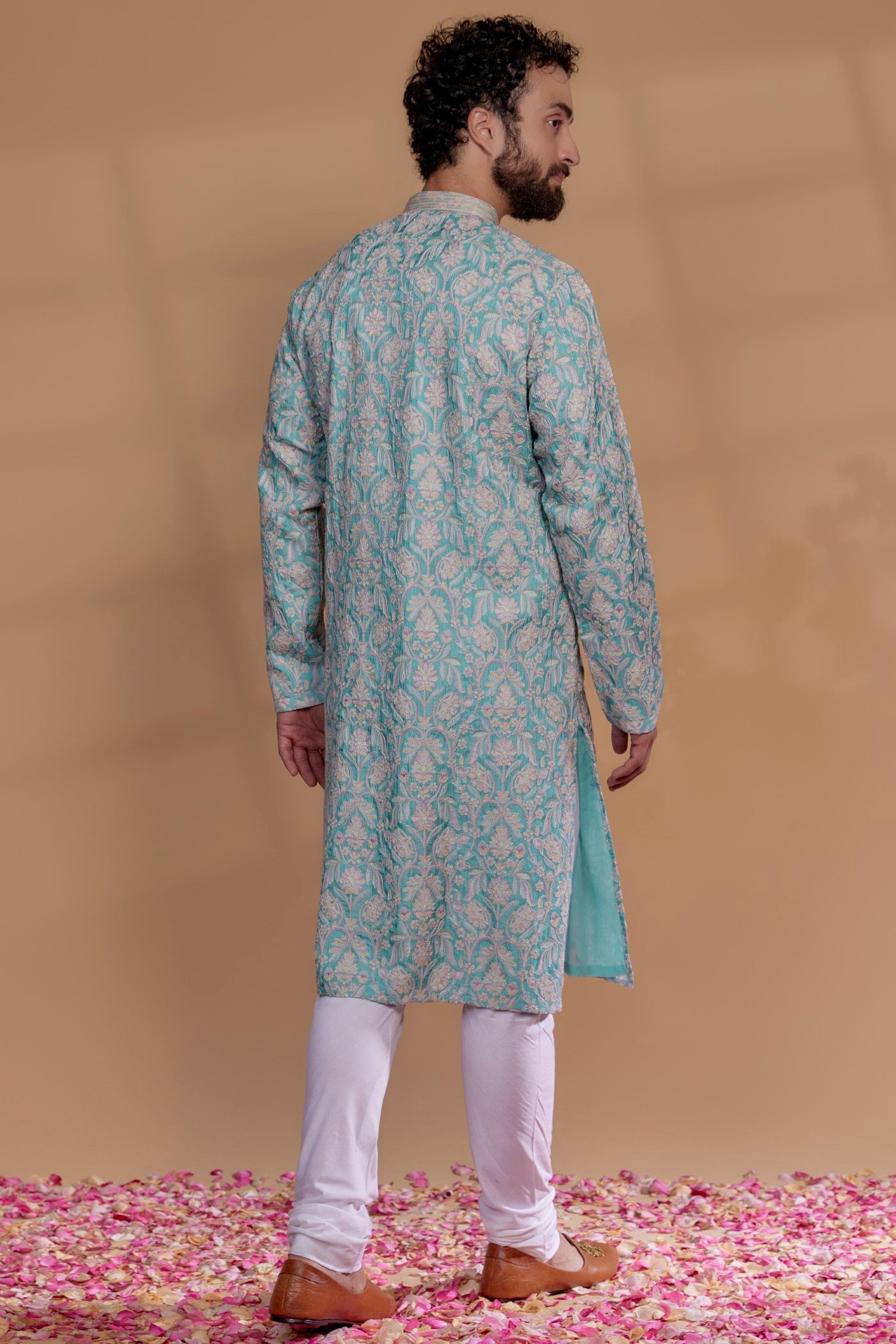 Sky Blue Banarasi Silk Floral Embroidered Kurta Set