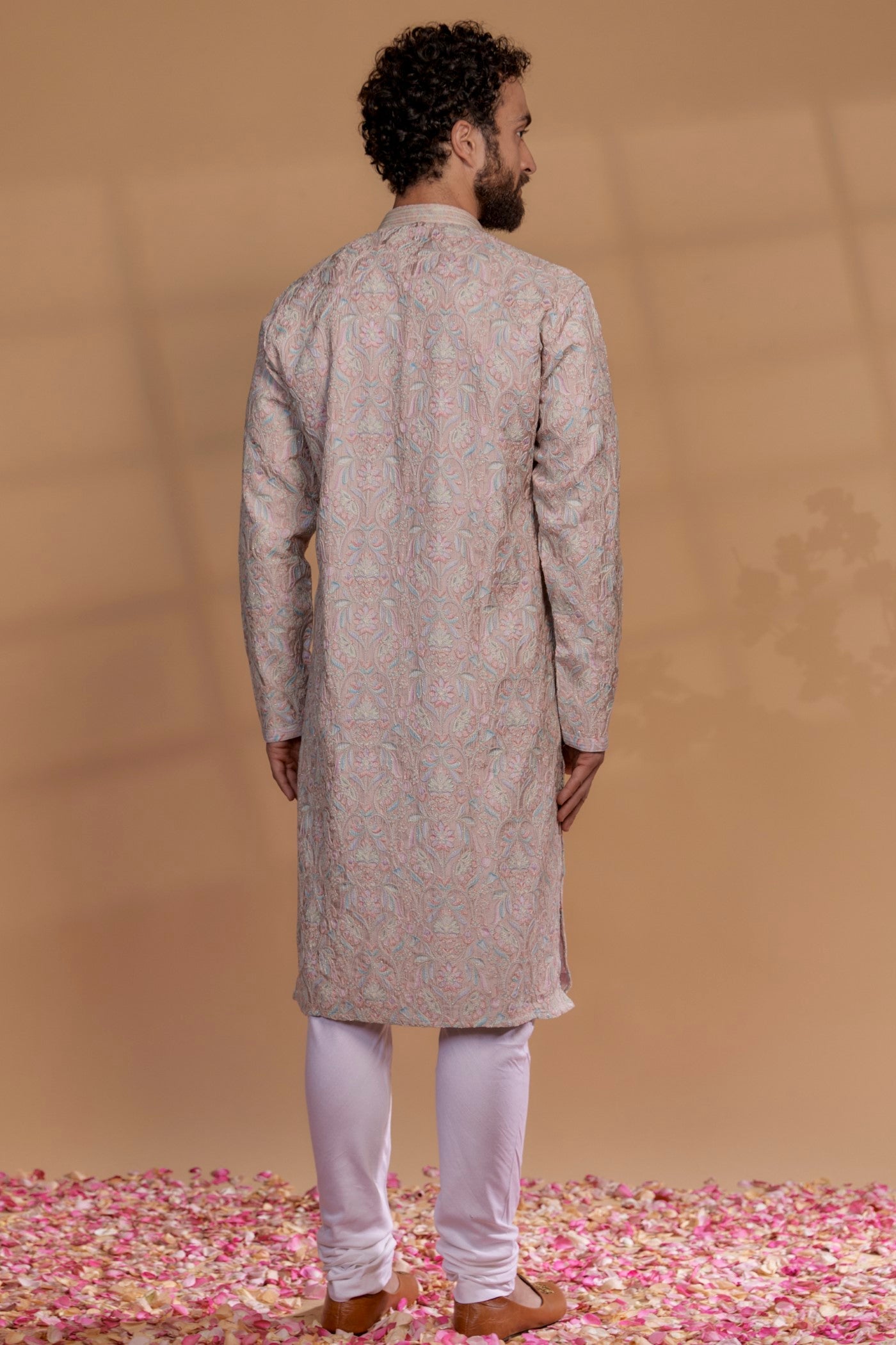 Nude Pink Banarasi Silk Floral Embroidered Kurta Set