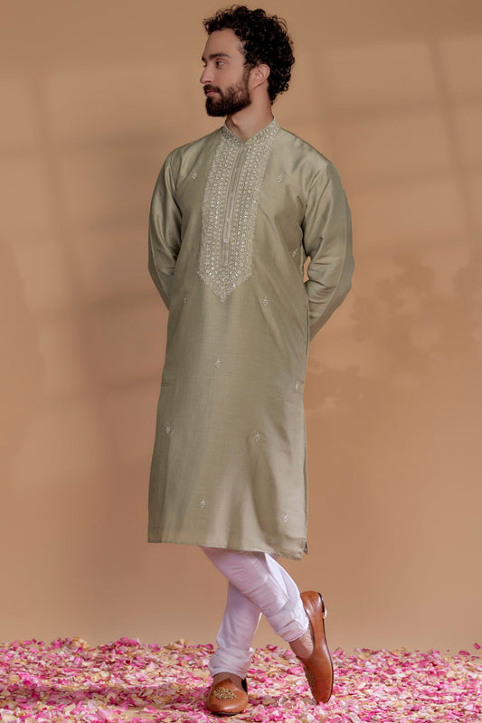Mocha Brown Silk Hand Embroidered Kurta Set