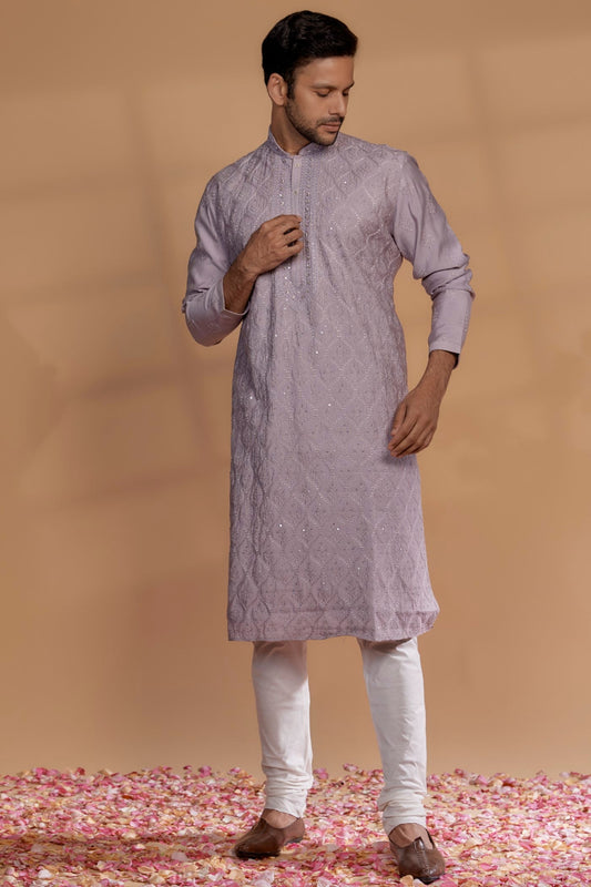 Lavender Banarasi Silk Thread Embroidered Kurta Set