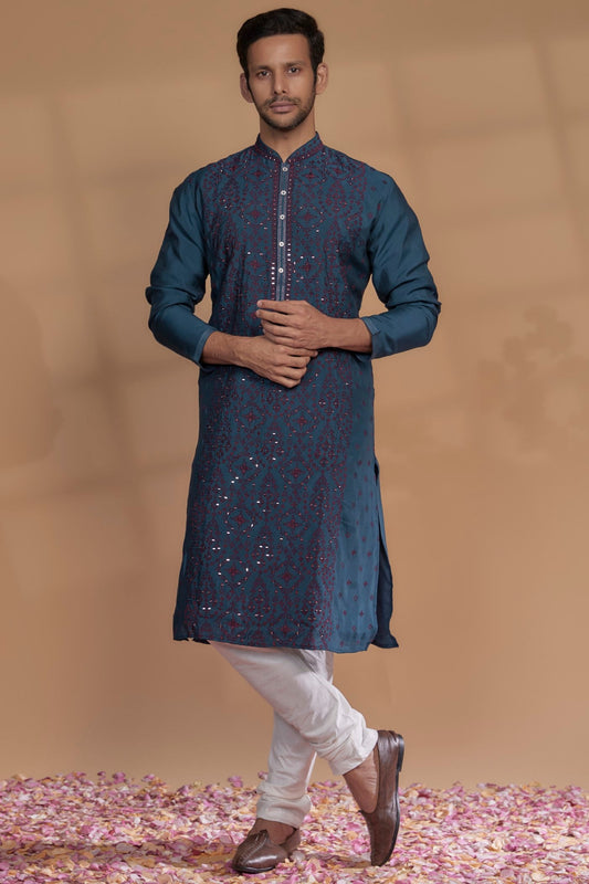 Peacock Blue Silk Thread Embroidered Kurta Set