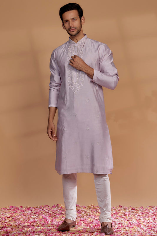 Light Orchid Banarasi Silk Mirror Embellished Kurta Set