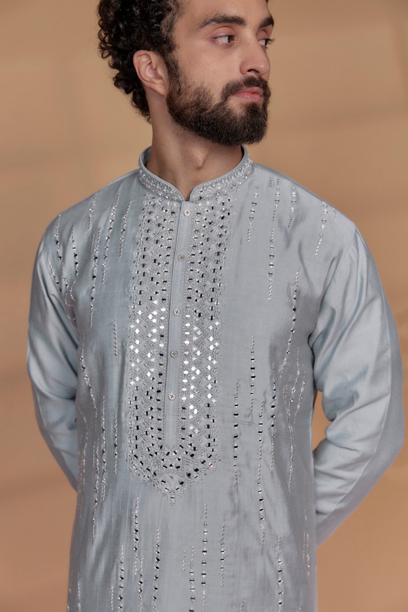 Silver Grey Banarasi Silk Mirror Embellished Kurta Set