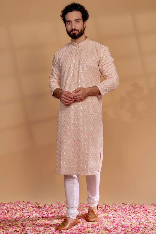 Peach Beige Lucknowi Georgette Resham Embroidered Kurta Set