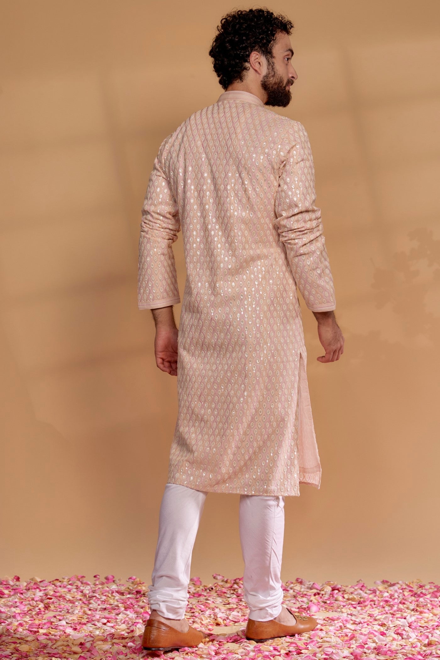 Peach Beige Lucknowi Georgette Resham Embroidered Kurta Set