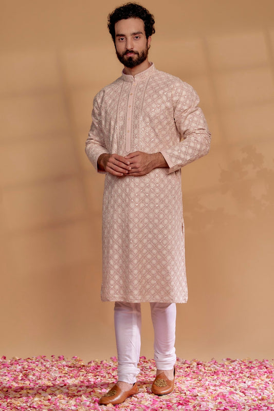 Coral Peach Lucknowi Georgette Hand Embroidered Kurta Set