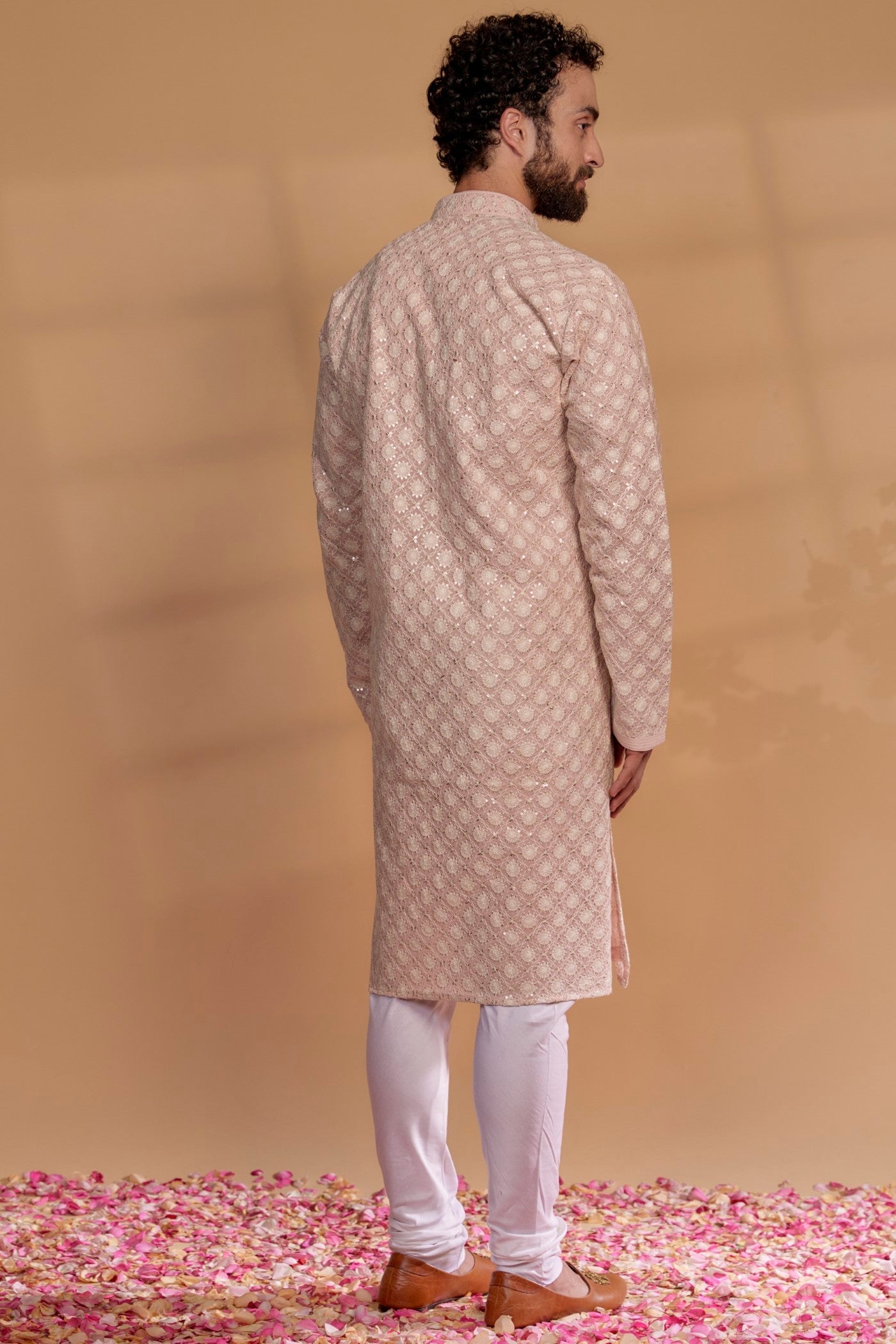 Coral Peach Lucknowi Georgette Hand Embroidered Kurta Set