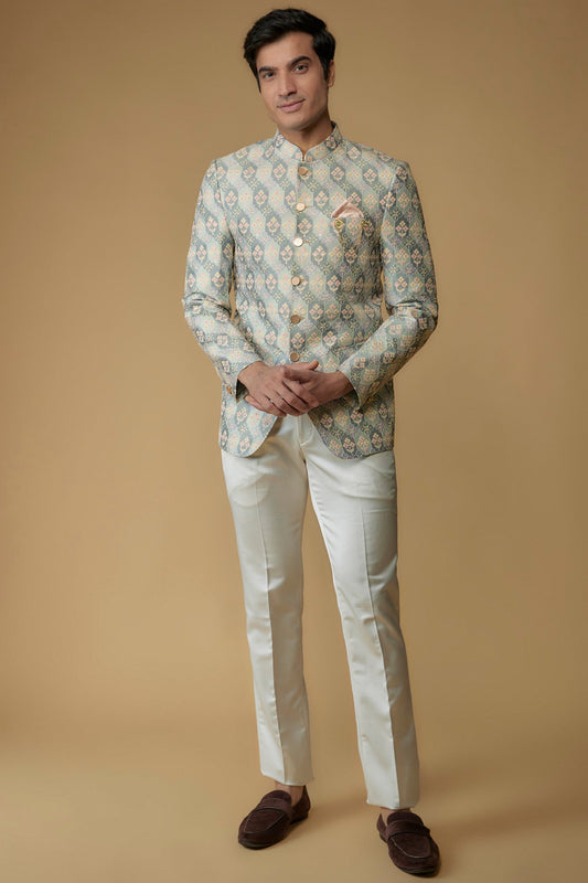 Sky Blue Silk Printed Jodhpuri Bandgala Set