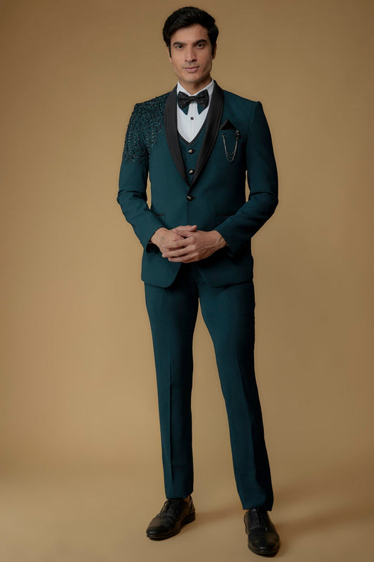 Blue Suiting Fabric Hand Embroidered Tuxedo Set