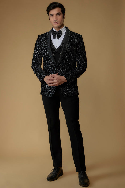 Black Velvet Thread Embroidered Tuxedo Set