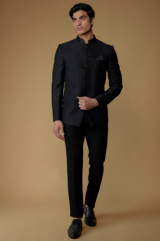 Onyx Black Imported Jacquard Cutdana Embroidered Bandhgala Set