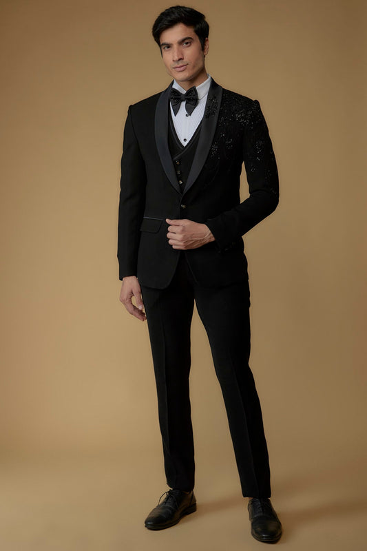 Jet Black Japanese Suiting Fabric Hand Embroidered Tuxedo Set
