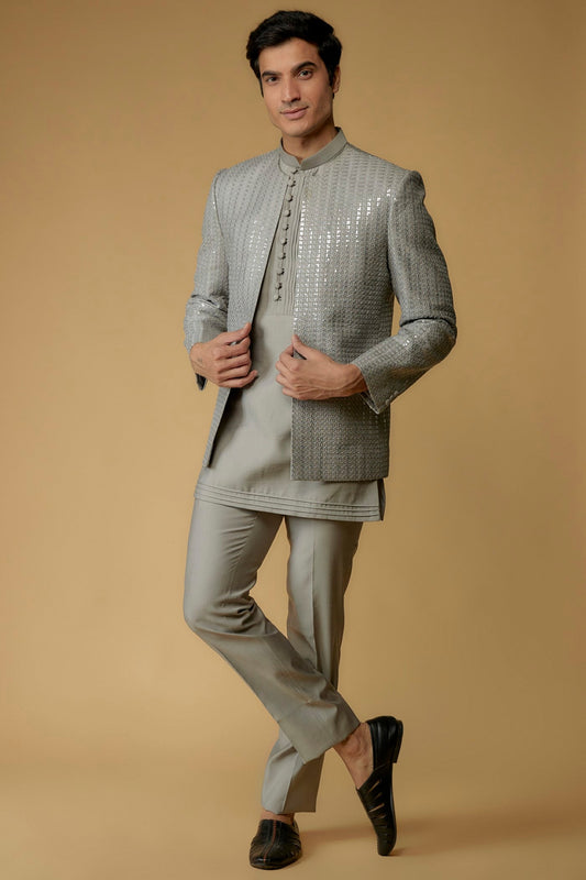 Fog Grey Silk Sequins Work Jodhpuri Set