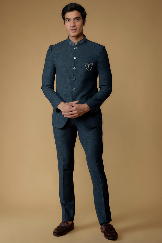 Dark Blue Japanese Suiting Hand Embroidered Bandhgala Set