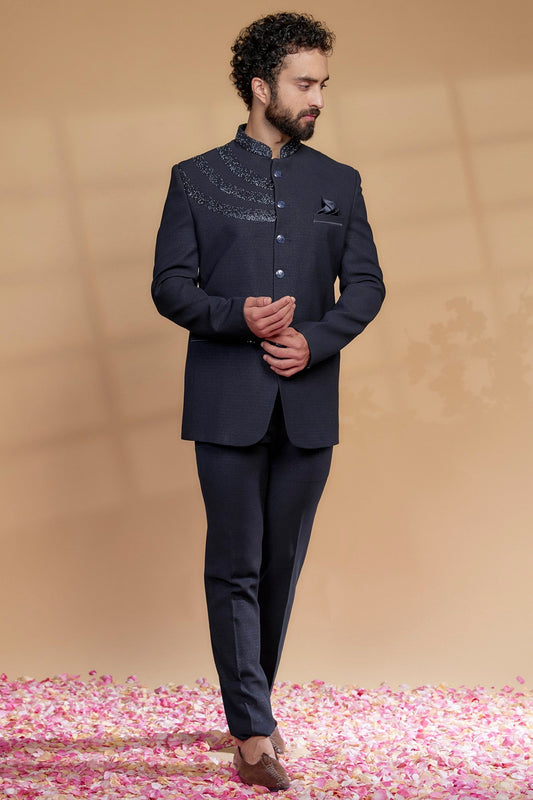 Navy Blue Japanese Suiting Fabric Bandhgala Set
