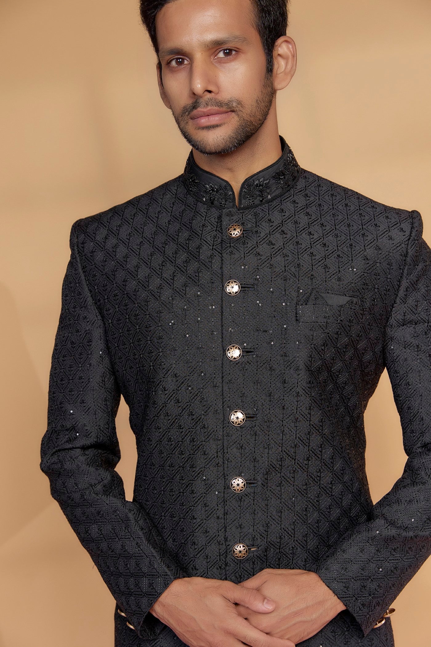 Black Raw Silk Sherwani Set