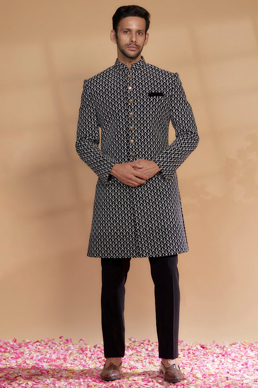 Black Velvet Embroidered Sherwani Set