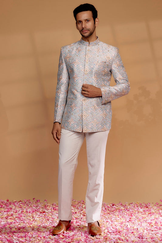 Mauve Silk Embroidered Bandhgala Set