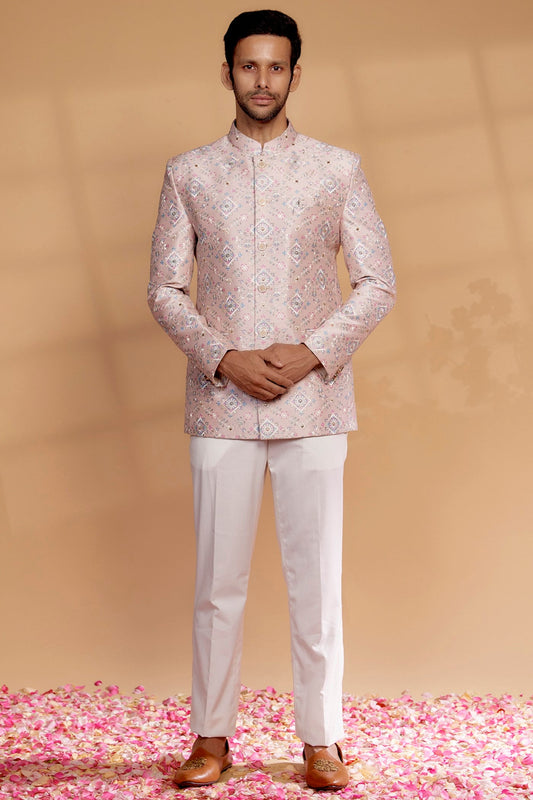 Pastel Pink Silk Embroidered Jodhpuri Set