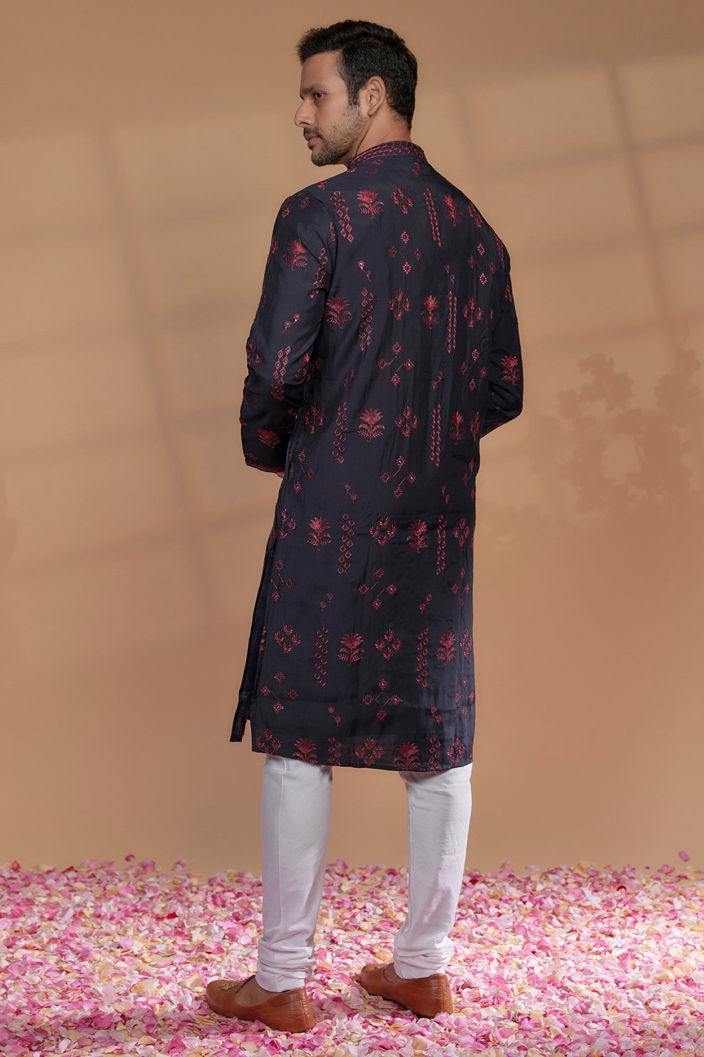 Navy Blue Silk Embroidered Kurta Set