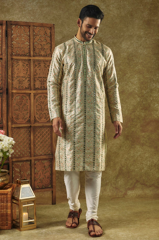 Pista Green Printed Silk kurta pajama set