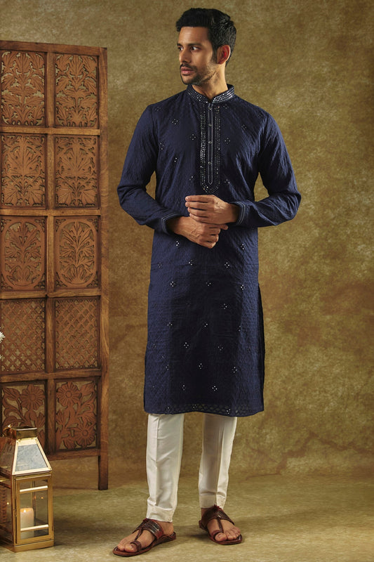 Ink Blue Silk kurta pajama set with all over thread and mirror work