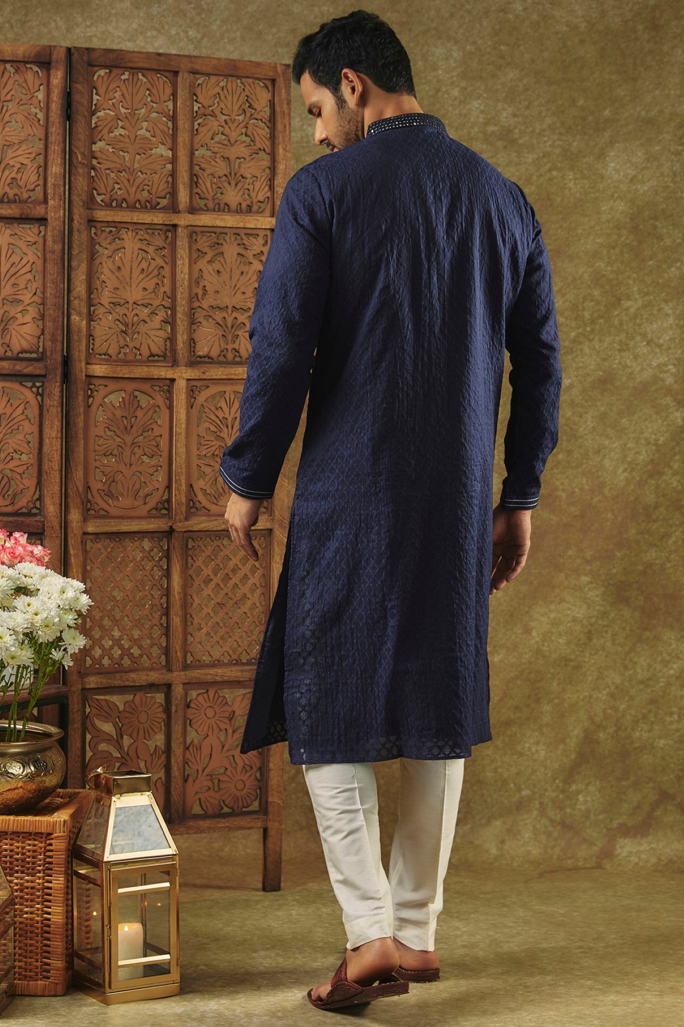 Ink Blue Silk kurta pajama set with all over thread and mirror work