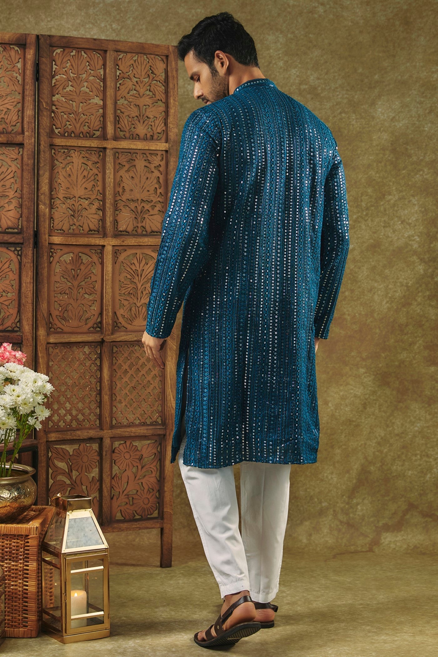 Peacock Blue Silk kurta pajama set with SEQUIN work