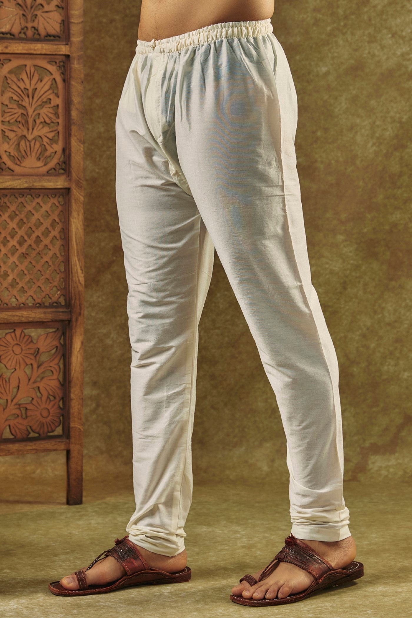 Beige Printed Silk kurta pajama set with resham embroidered neck