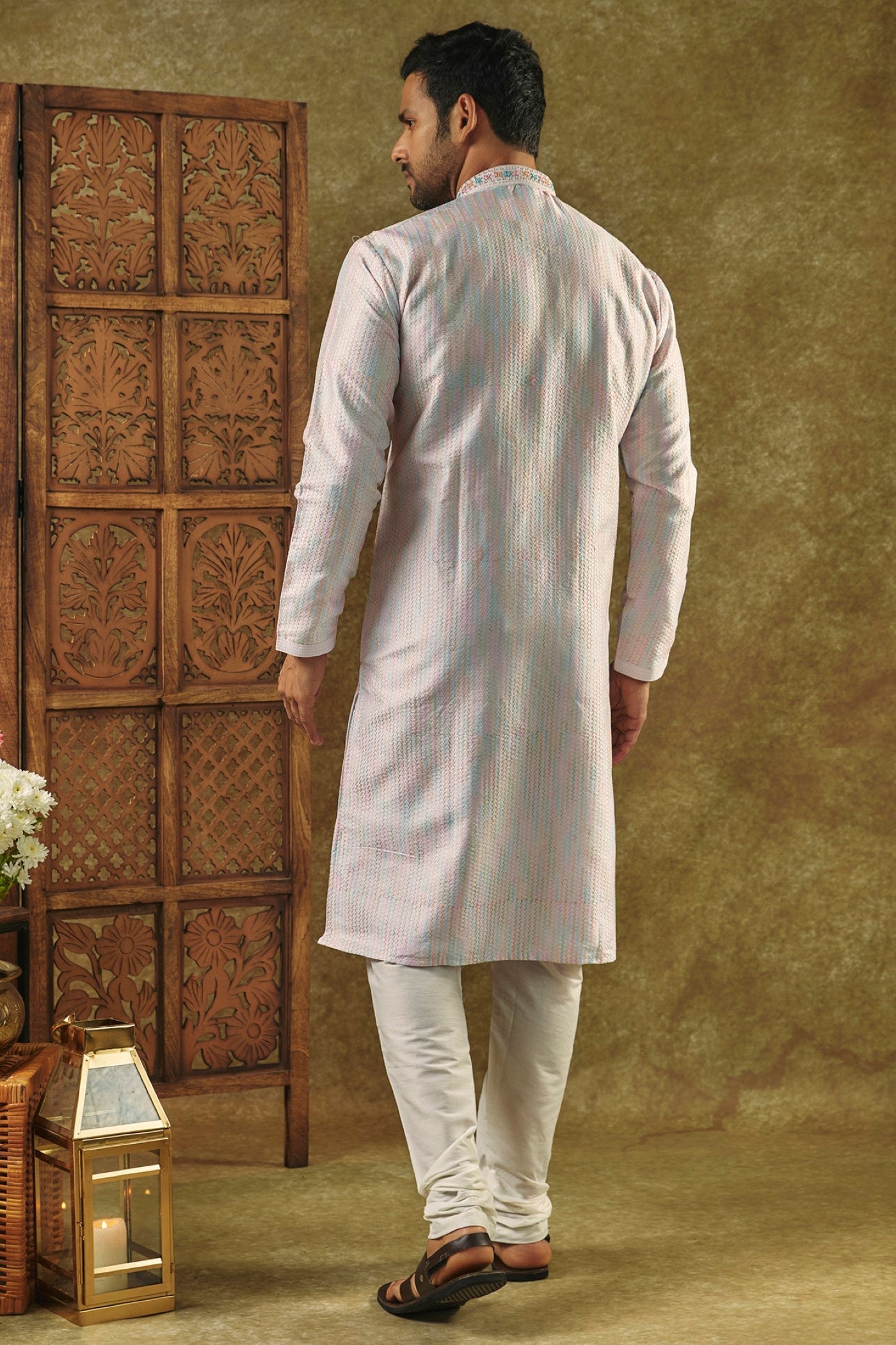 Silverish Grey Plain Silk kurta pajama set with resham embroidered neck
