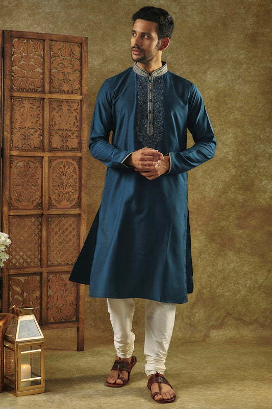 Ink Blue Plain Silk kurta pajama set with resham embroidered neck
