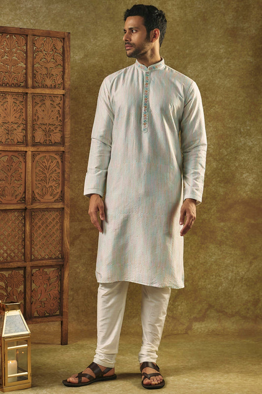 Silverish Grey Plain Silk kurta pajama set with resham embroidered neck
