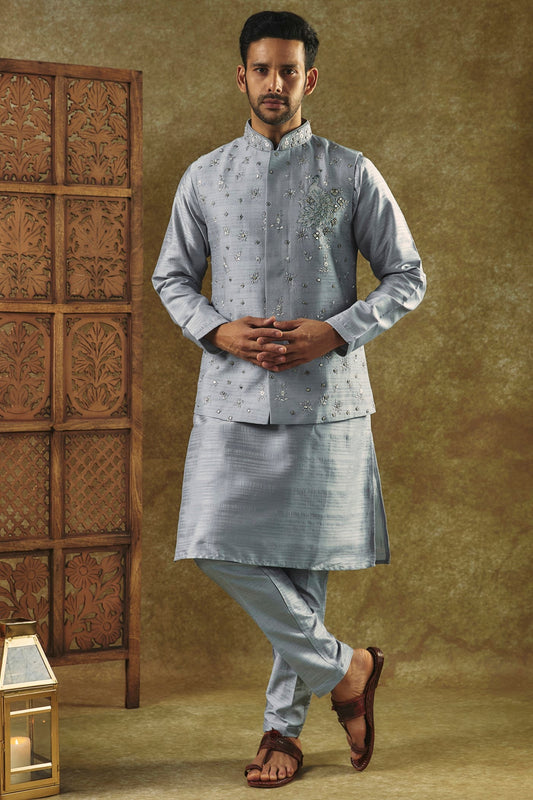 Slate Grey kurta Jacket set with mirror and resham embroidery