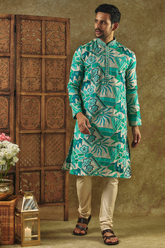 Tropical Green Printed Silk kurta pajama set with resham embroidered neck