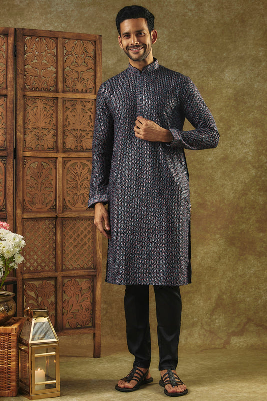 Onyx Black Printed Silk kurta pajama set with all over thread and sequin work