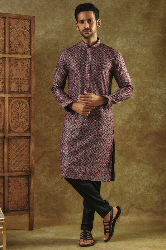 Eggplant Purple Printed Silk kurta pajama set with all over thread and sequin work