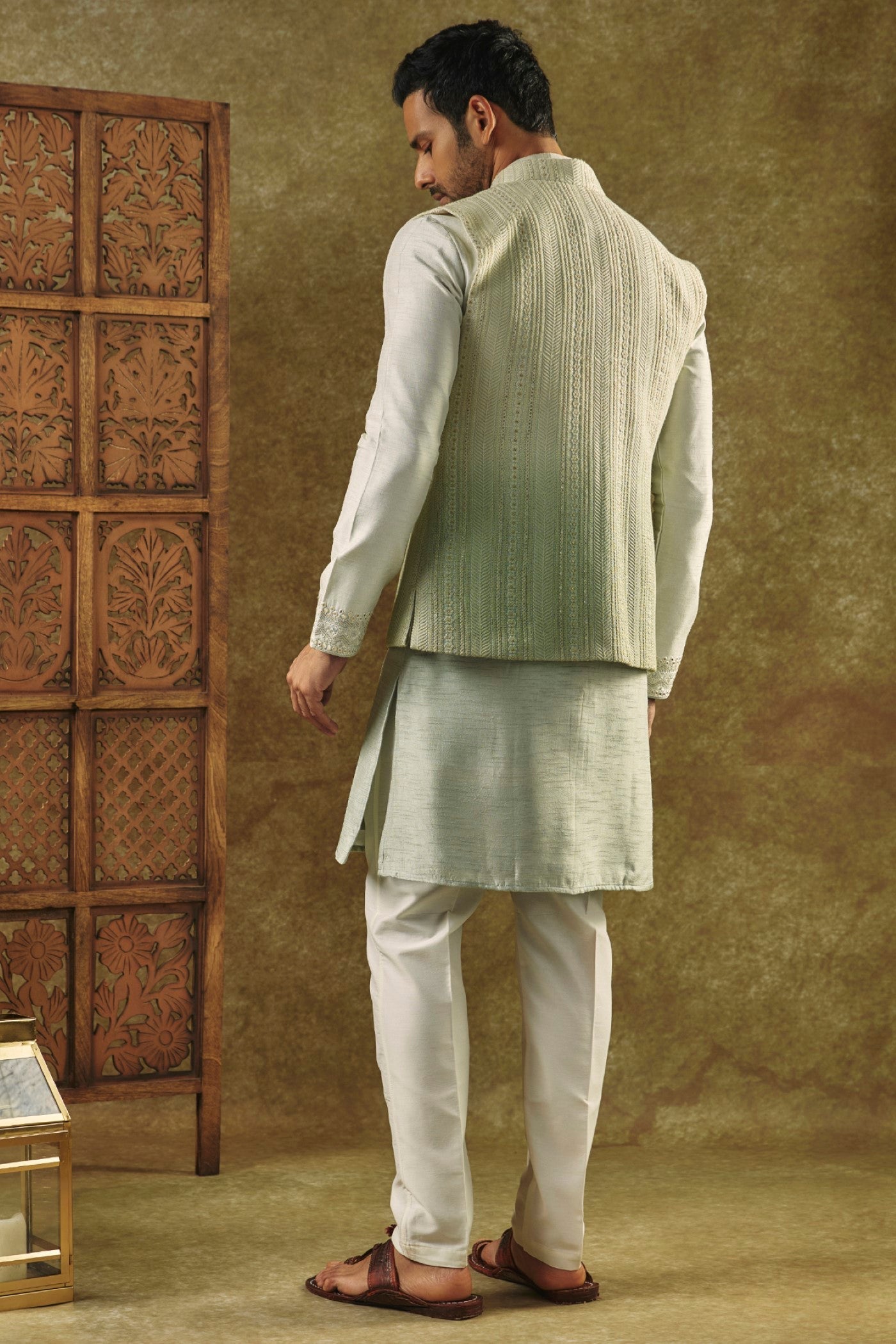 Pista Green Ombre Open-Indo Western set with sequin and resham embroidery