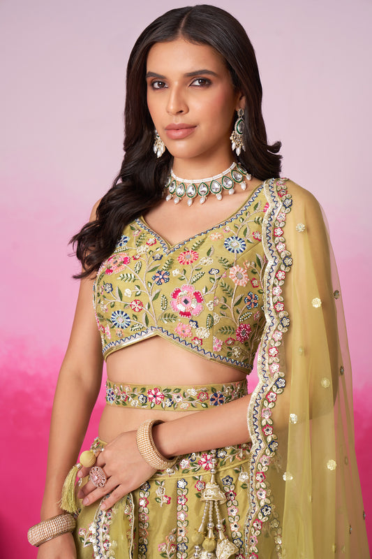 Mustard Bridal Net Moti, Sequins embroidery Bridal Lehenga choli & Dupatta