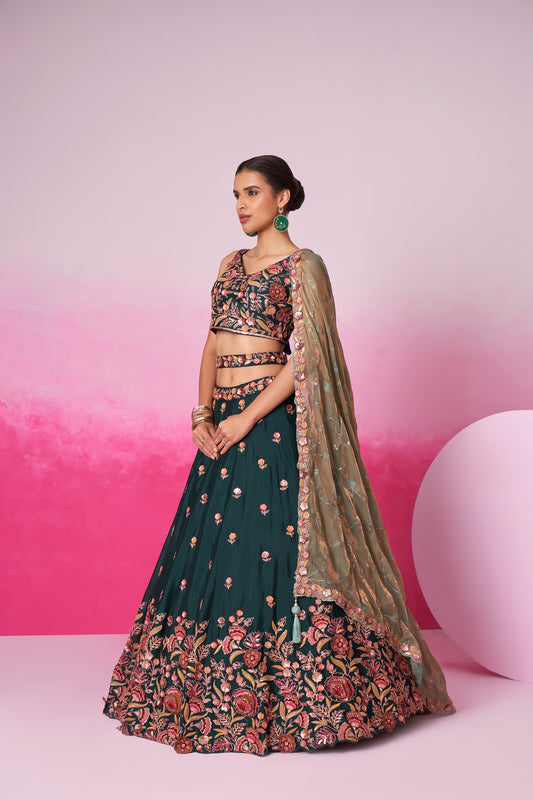 Green colour Chiffon Sequins embroidery Lehenga choli & Dupatta