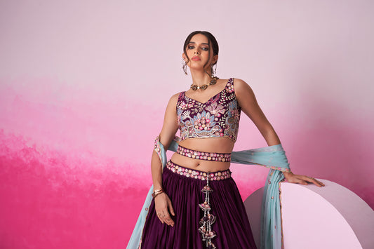 Burgundy Satin Silk Sequin embroidery Lehenga choli