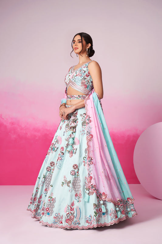 Turquoise blue Pure Silk Zarkan, Mirror & Sequin embroidery Lehenga choli & Dupatta