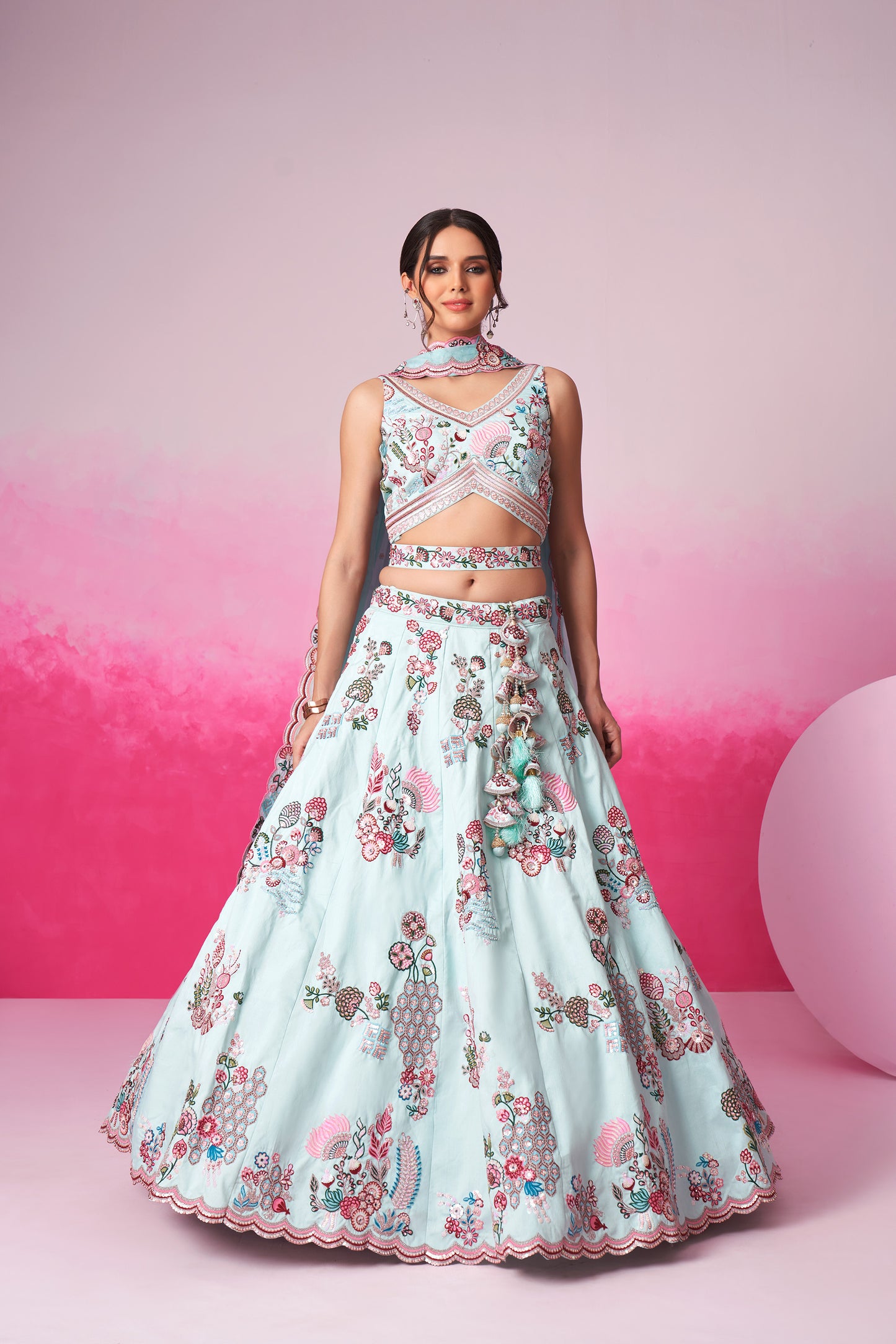 Turquoise blue Pure Silk Zarkan, Mirror & Sequin embroidery Lehenga choli & Dupatta