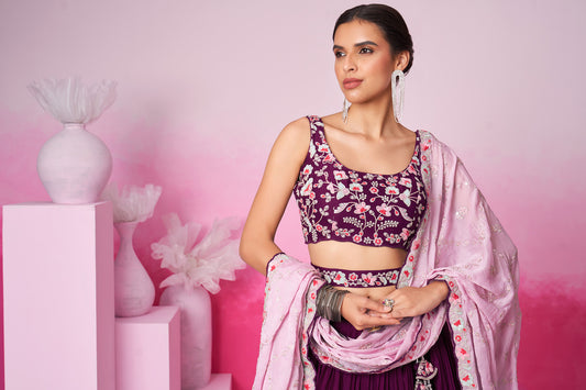 Burgundy Pure Georgette Sequin embroidery Lehenga choli