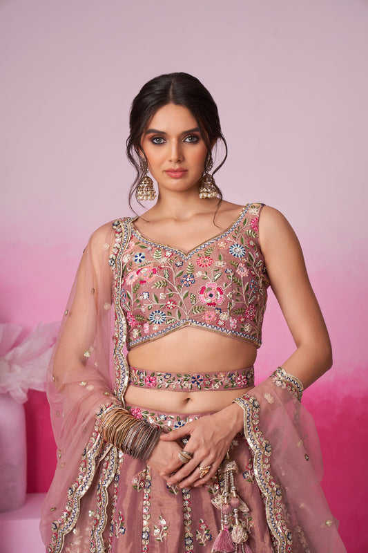 Rose gold Bridal Net Moti, Sequins embroidery Bridal Lehenga choli & Dupatta