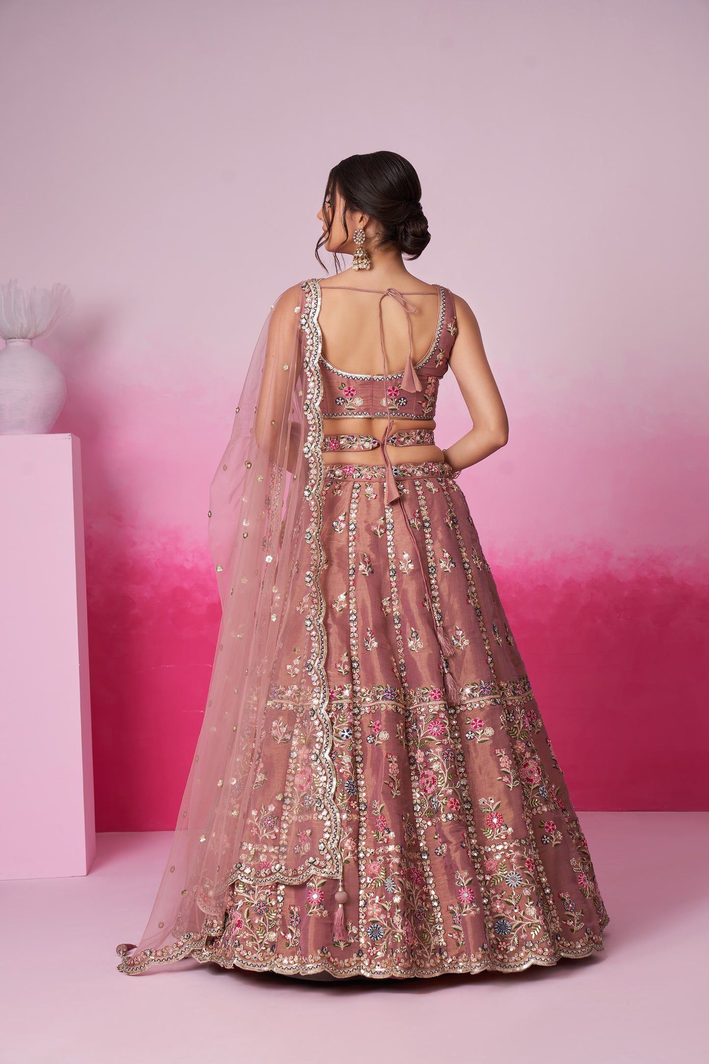 Rose gold Bridal Net Moti, Sequins embroidery Bridal Lehenga choli & Dupatta