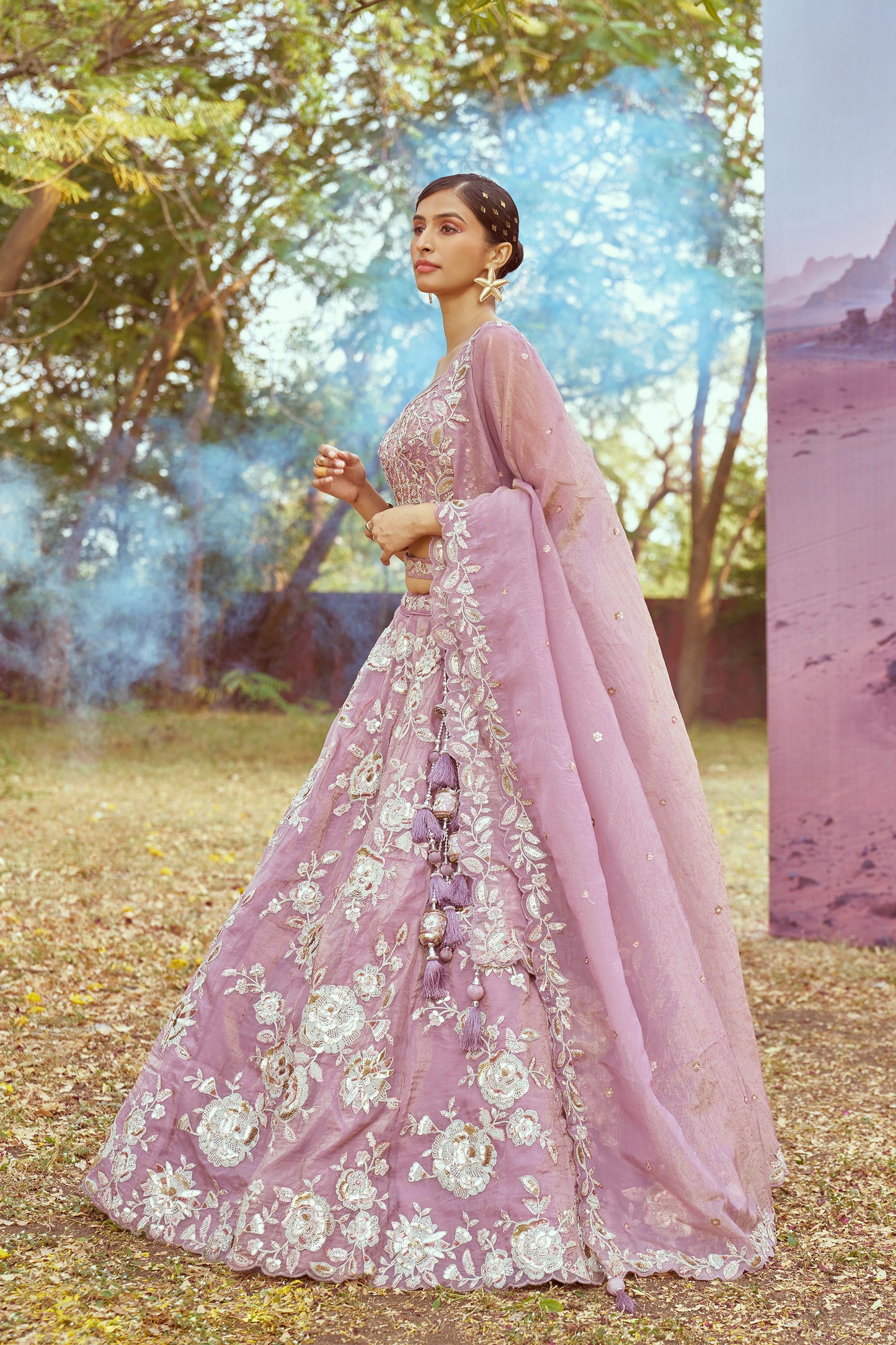 Lavender Organza Sequins embroidery Bridal Lehenga