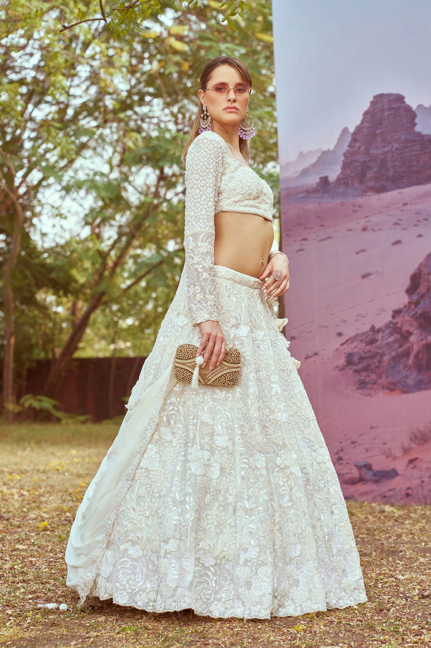 Cream Georgette Beads embroidery Lehenga choli & Dupatta