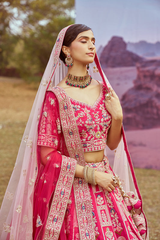 Pink Pure silk Moti, Sequins embroidery Bridal Lehenga
