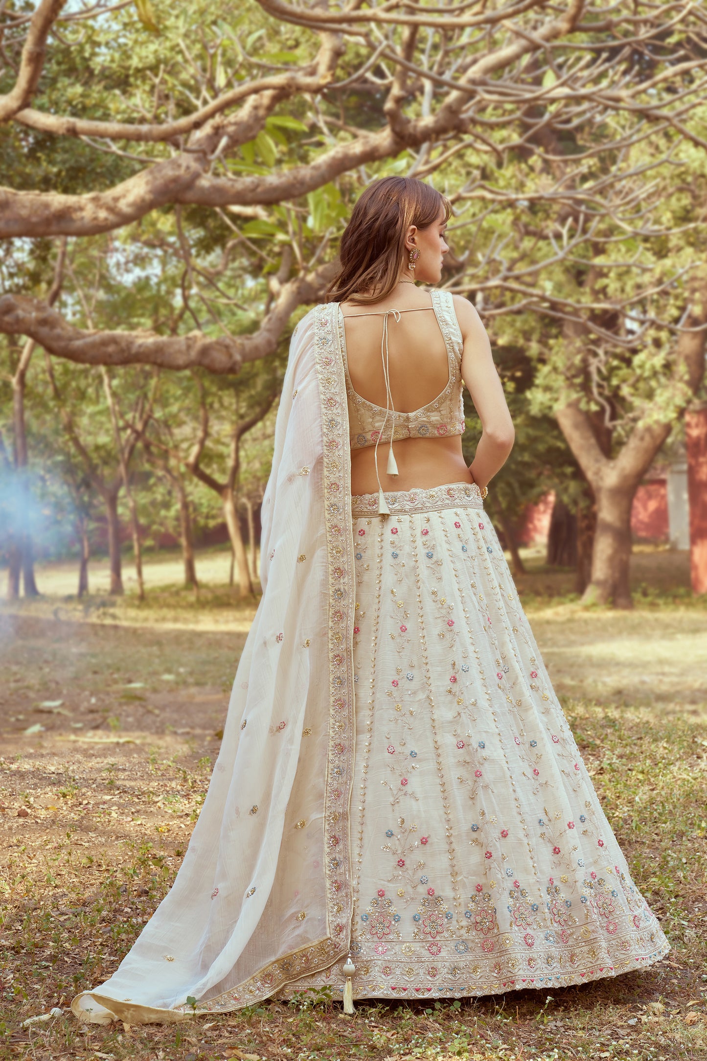 Cream Gold crushed Tissue Fabric Moti Hand work Bridal Lehenga