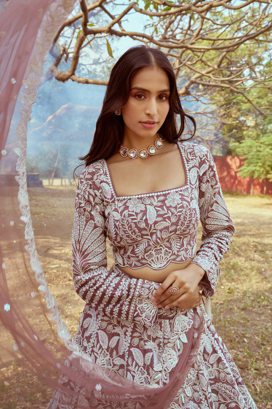 Rose Gold Pure Satin Sequins embroidery Bridal Lehenga